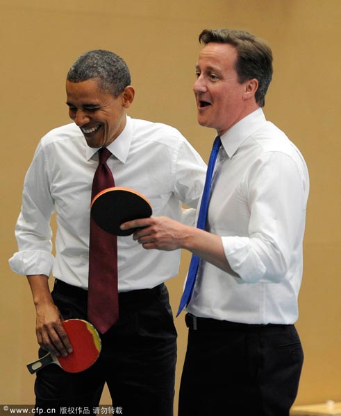 美总统英首相打乒乓卡梅伦球技震惊奥巴马 - 国