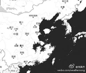 宋英杰微博中发的海平面上升60米后的地图。(网络截图)
