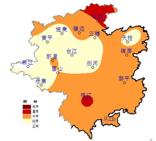 干旱继续缓解,已无特重级气象干旱县(市);岑巩,榕江2县为重级气象干旱