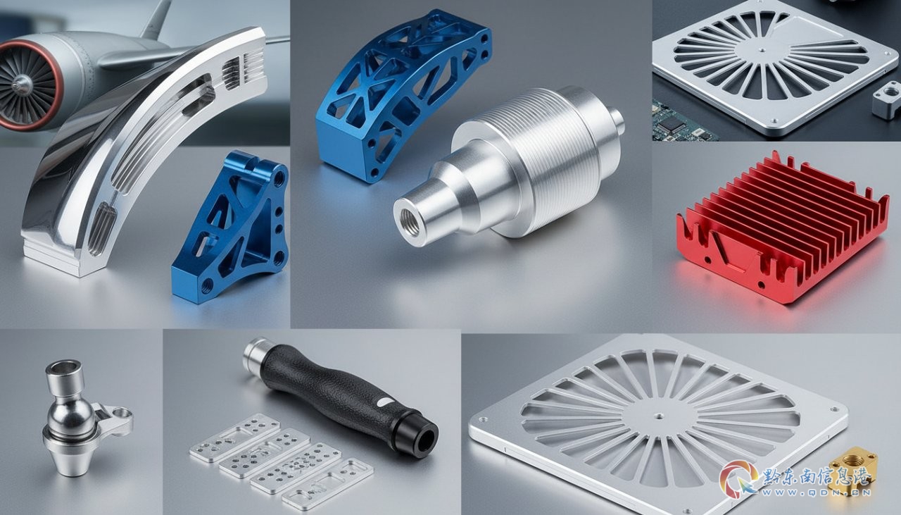A collage of high-precision CNC machined aluminum parts, showcasing diverse finishes like anodized and polished. The image highlights intricate ge - ����.jpg