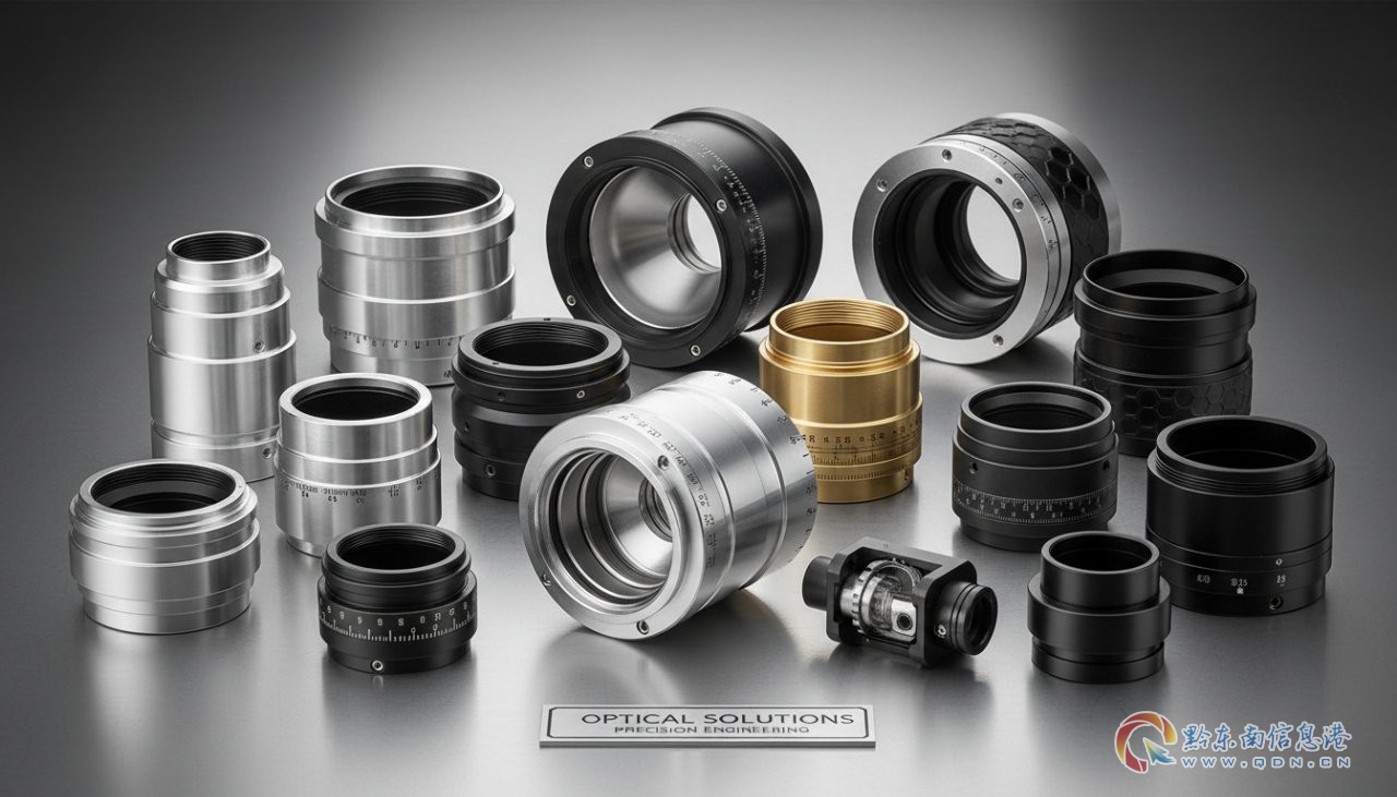 A collection of high-precision CNC machined optical lens housings in various sizes and materials, showcasing intricate internal and external featu.jpg