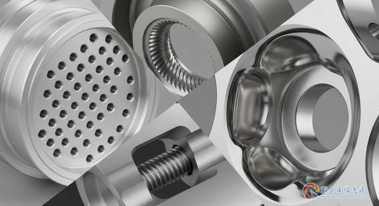 A close-up collage showcasing several distinct, high-precision CNC machined metal parts with intricate details. Highlights include microscopic dri - ����.jpg